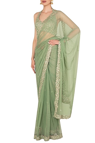 Seaglass Green Sequin Sari Set In Raw Slik and Shimmer Net by Pleats by Kaksha & Dimple