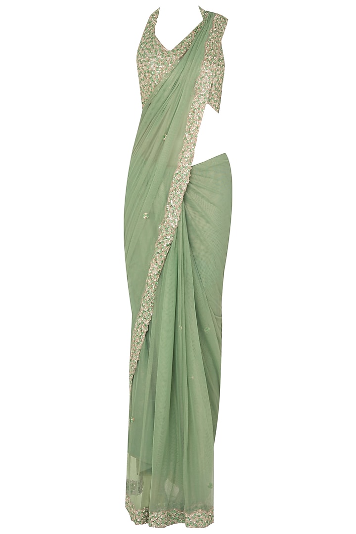 Seaglass Green Sequin Sari Set In Raw Slik and Shimmer Net by Pleats by Kaksha & Dimple