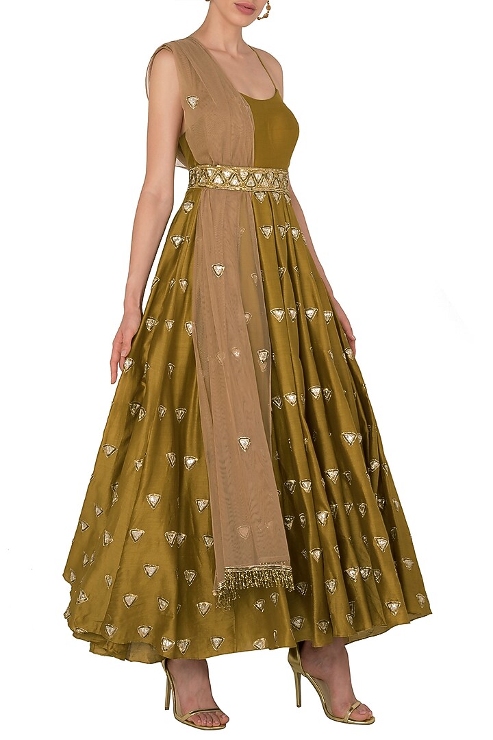 Dandelion noodle strap trikon butti anarkali set in chanderi silk available only at Pernia's Pop Up Shop.