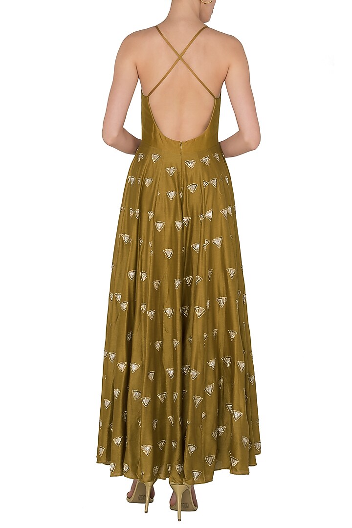 Dandelion noodle strap trikon butti anarkali set in chanderi silk available only at Pernia's Pop Up Shop.
