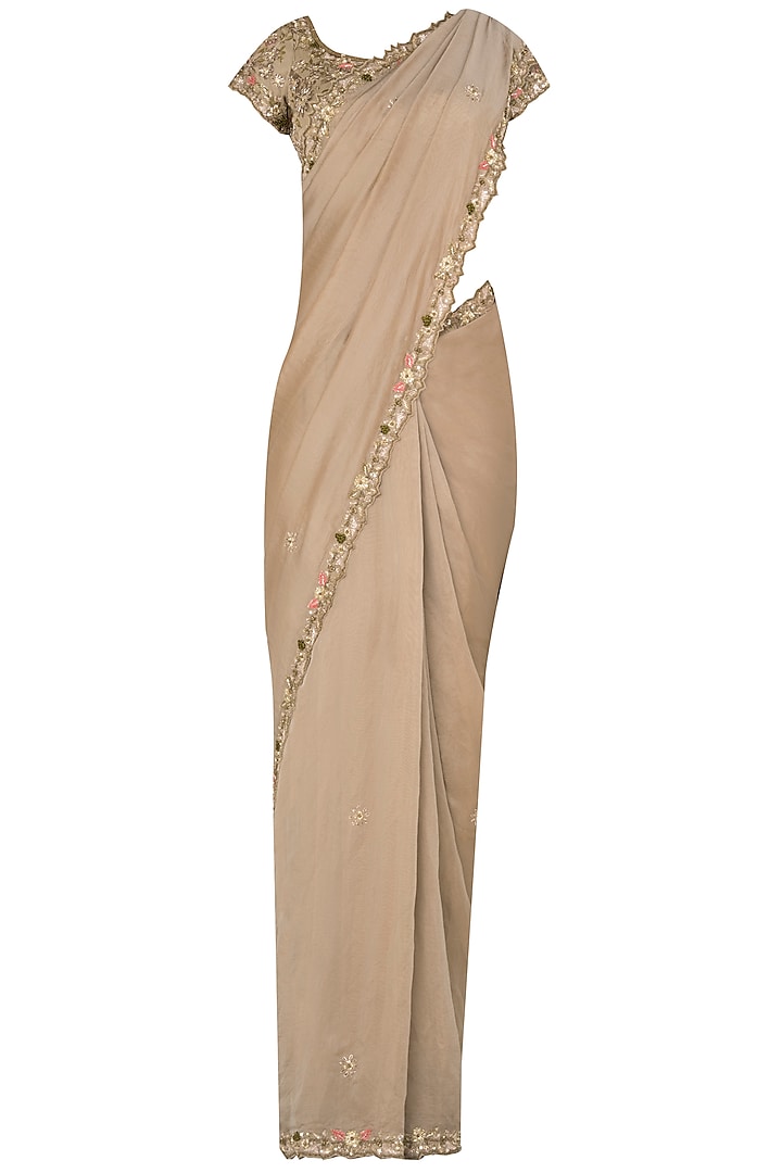 Rosewood Pink Tissue Sari Set by Pleats by Kaksha & Dimple
