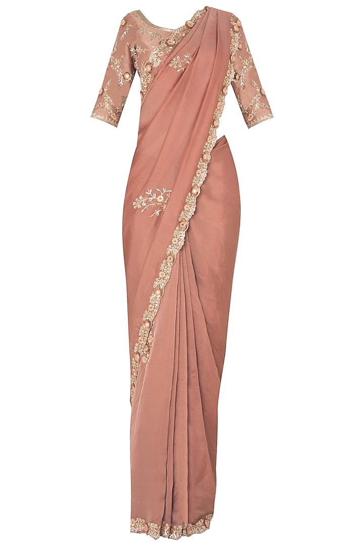 Tea Rose Pink Sari Set with Embroidered Sleeves by Pleats by Kaksha & Dimple