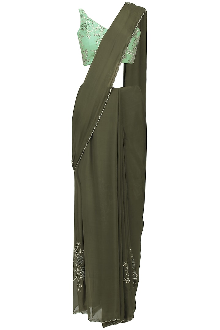 Olive Green Cutdana Emnbroidered Saree with Mint Blouse by Pleats by Kaksha & Dimple