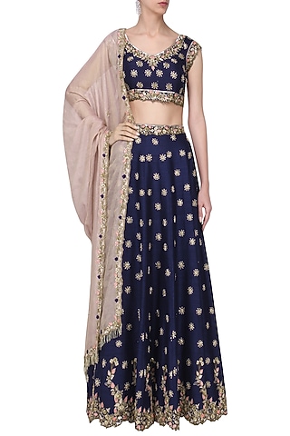 Royal Blue Embroidered Lehenga Set by Pleats by Kaksha & Dimple