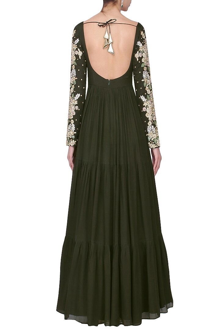 Olive green and ivory embroidered anarkali set available only at Pernia's Pop Up Shop.
