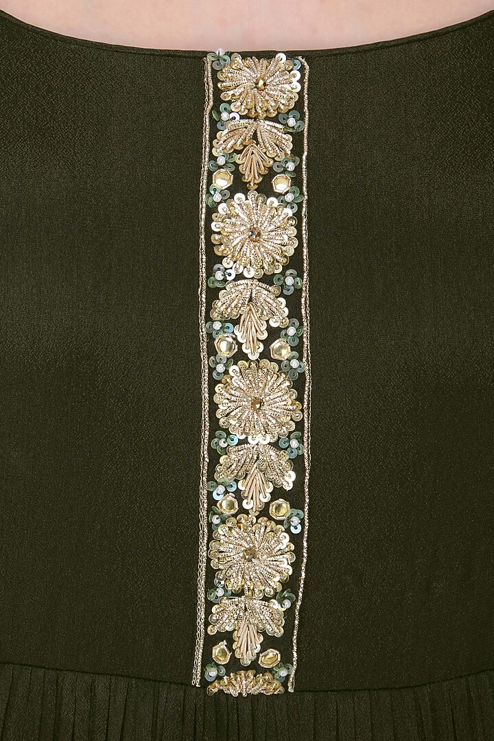 Olive green and ivory embroidered anarkali set available only at Pernia's Pop Up Shop.