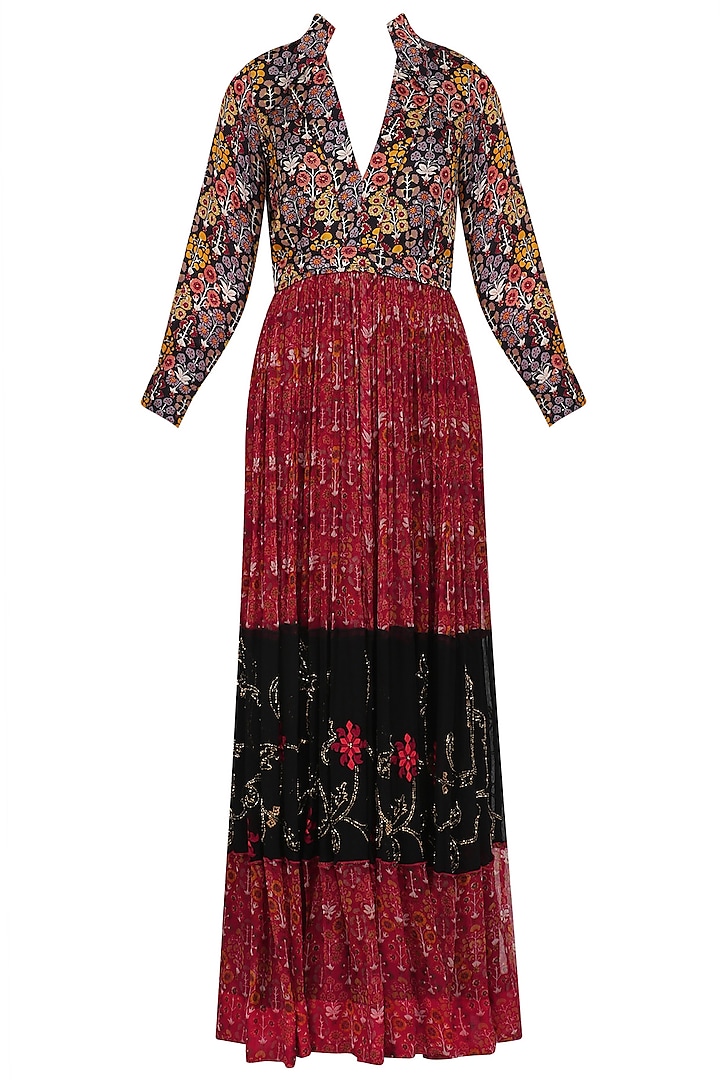 Red and black baghbaan print long pleated dress available only at ...