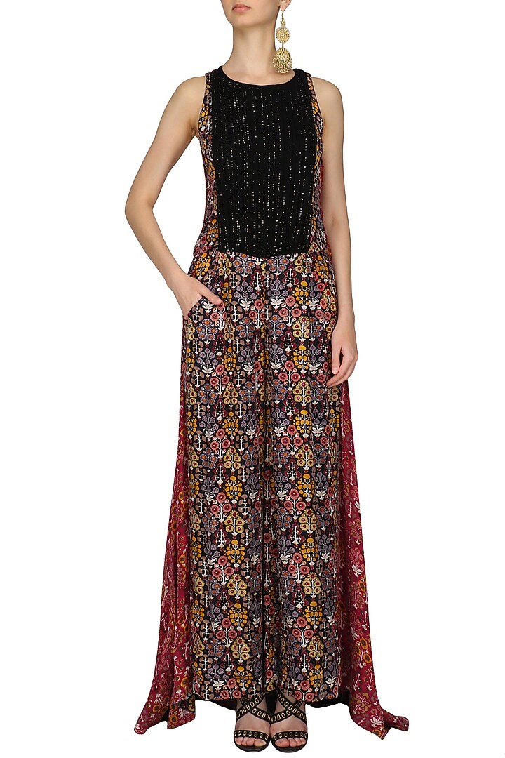 Black and red baghbaan print skirt jumpsuit available only at Pernia's Pop Up Shop.