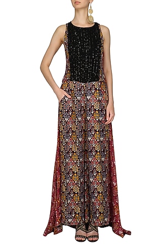 Black and red baghbaan print skirt jumpsuit by Pallavi Jaipur