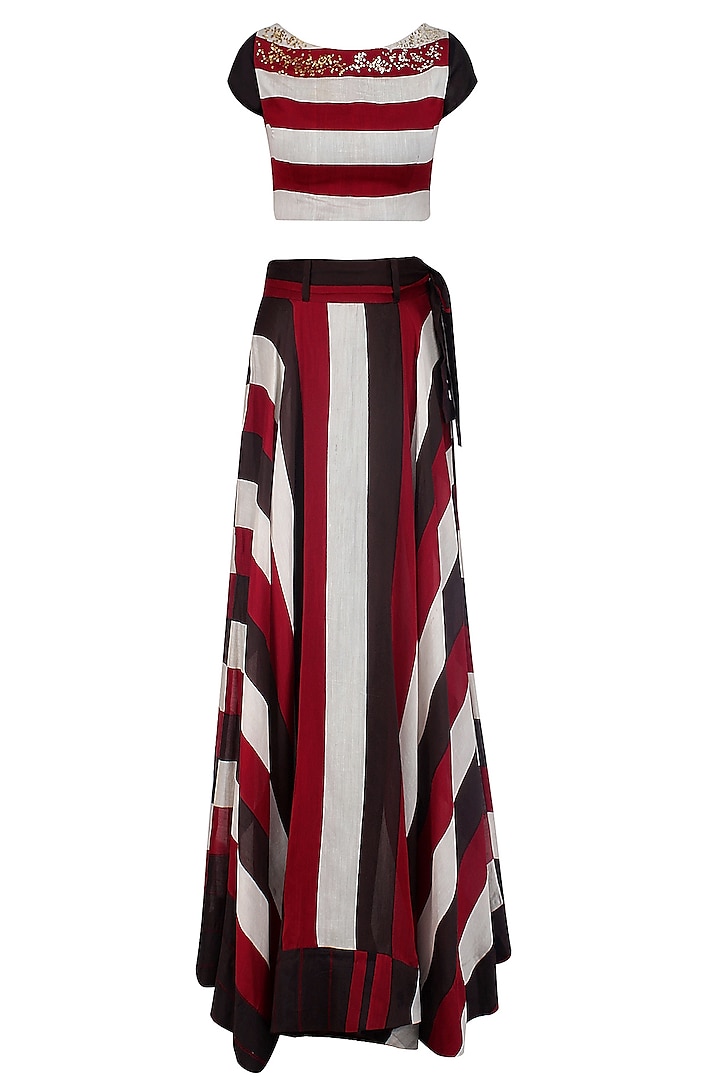 Red, Black and White Striped Crop Top With Matching Skirt by Pallavi Jaipur