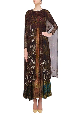 Maroon Rapid Print Dress With Sequinned Cape and Leggings by Pallavi Jaipur