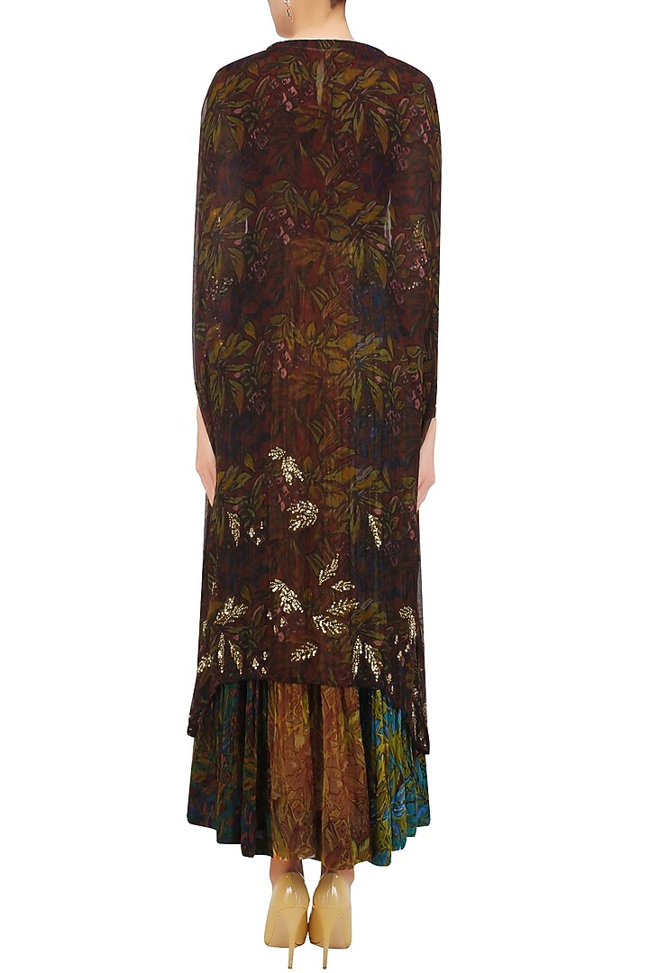 Maroon rapid print dress with sequinned cape and leggings available only at Pernia's Pop Up Shop.