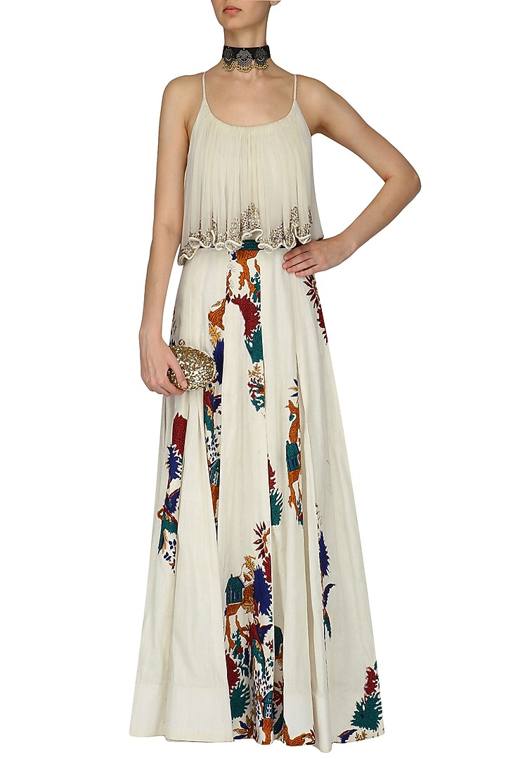 Ivory shikara applique work box pleated maxi dress available only at Pernia's Pop Up Shop.
