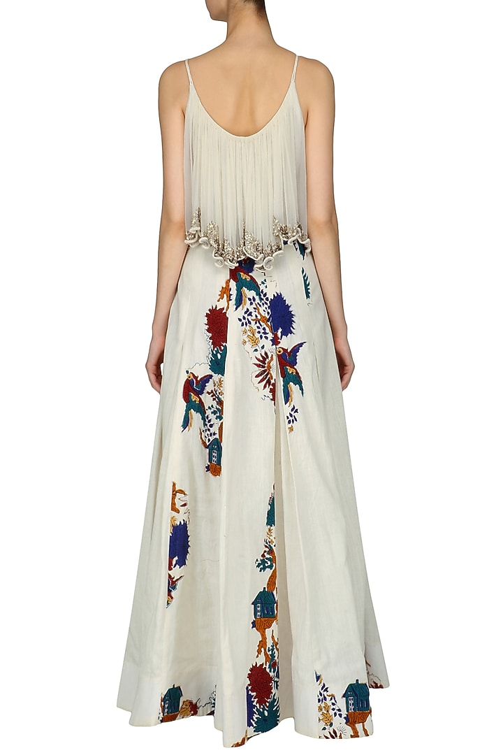 Ivory shikara applique work box pleated maxi dress available only at Pernia's Pop Up Shop.