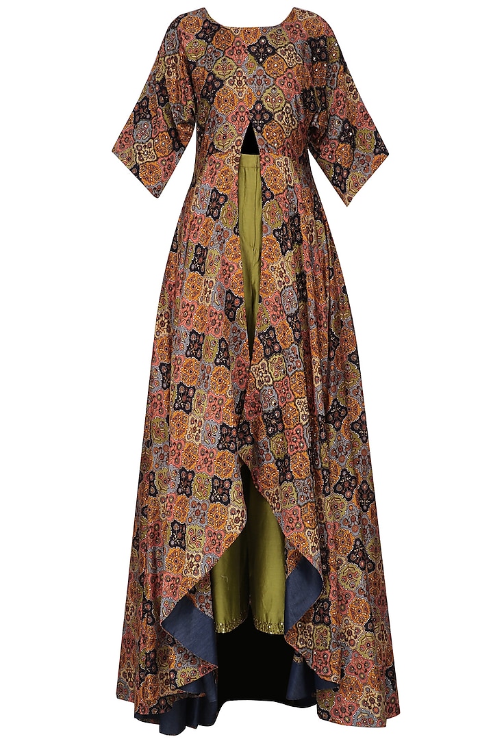 Multicolor Vintage Print Flared Tunic with Olive Wrap Pants by Pallavi Jaipur