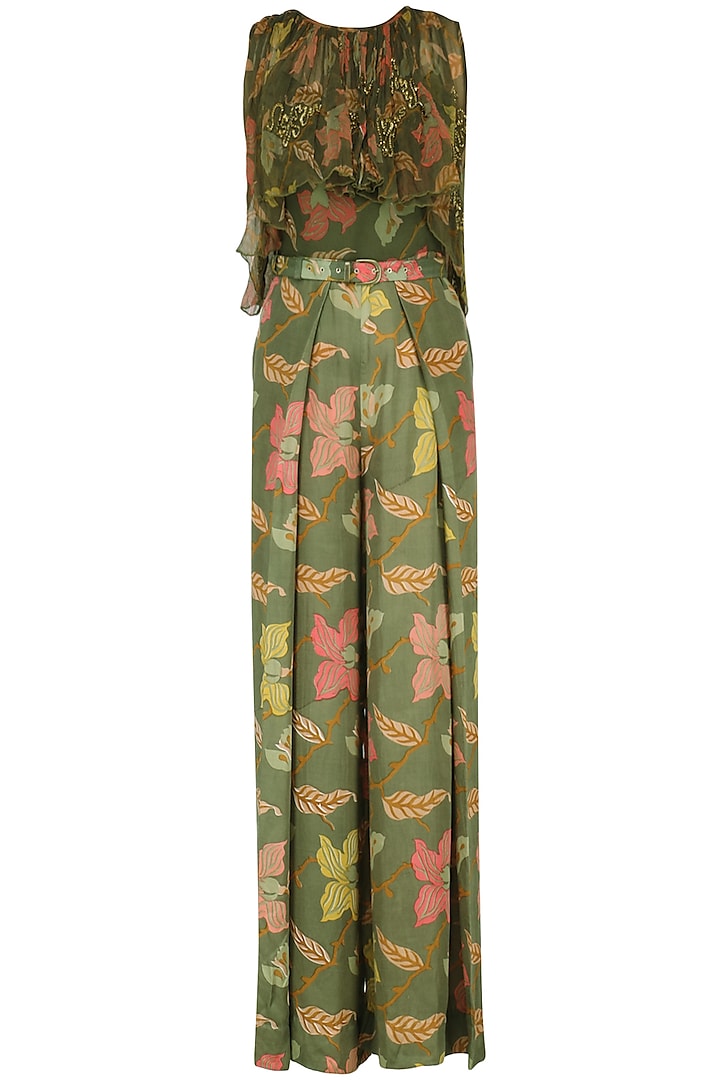 Henna Green Printed Jumpsuit with Crop Jacket by Pallavi Jaipur