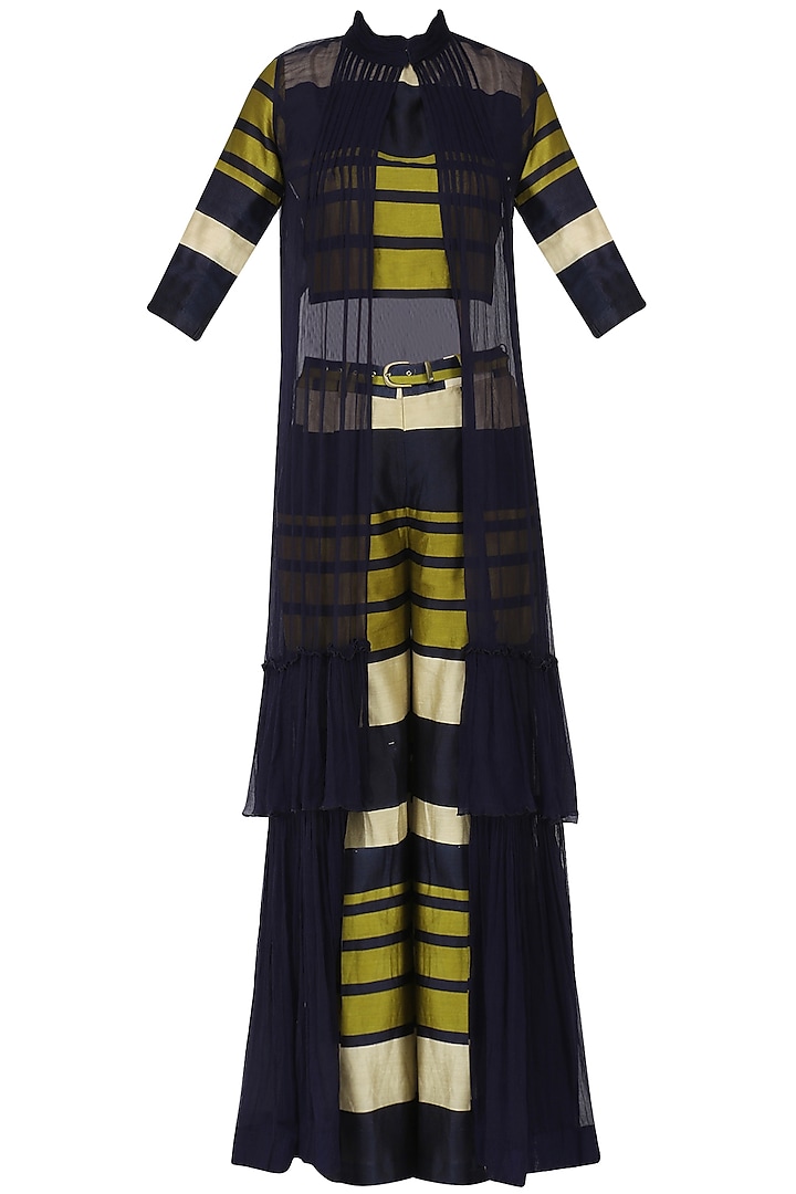 Navy Blue and Olive Green Striped Crop Top, Culottes and Cape Set by Pallavi Jaipur