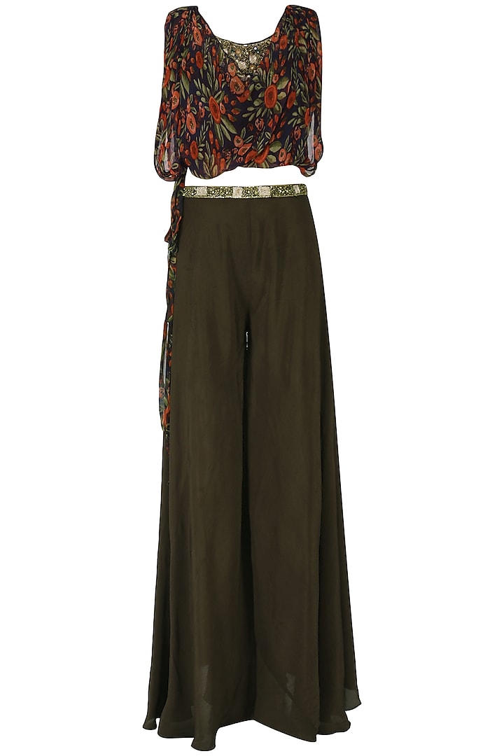 Brown Embroidered Top with Palazzo and Tie Over Layer Set by Pallavi Jaipur