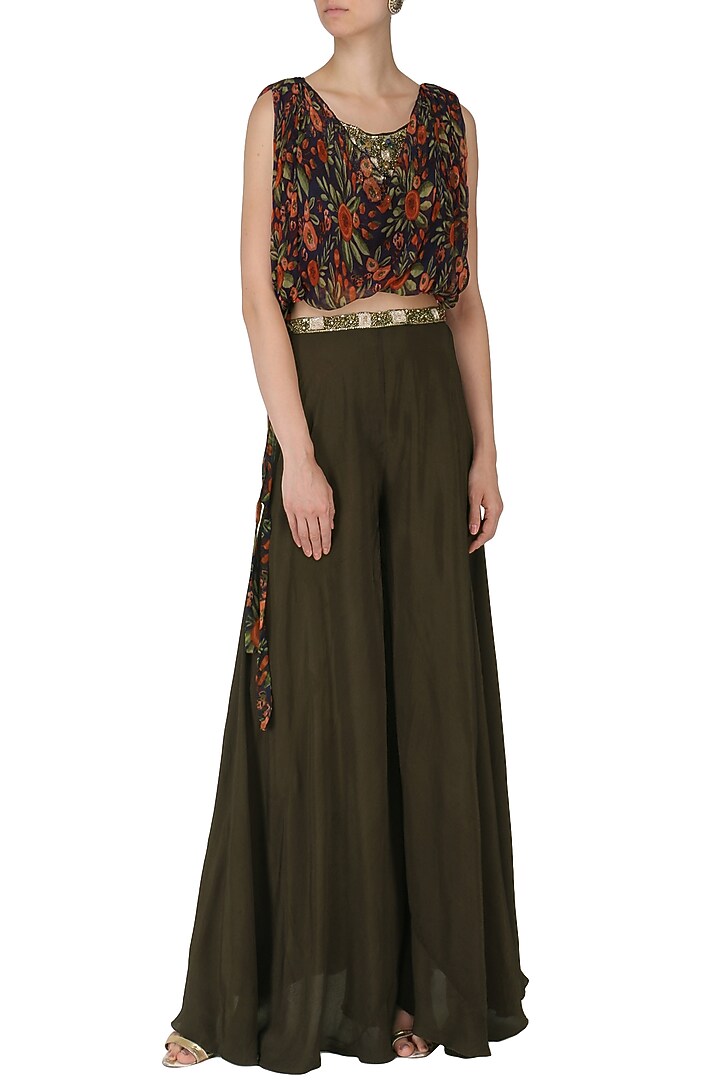 Brown embroidered top with palazzo and tie over layer set available only at Pernia's Pop Up Shop.