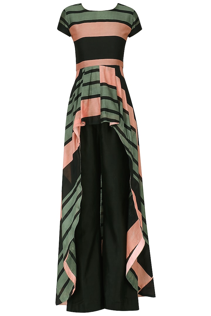 Salmon Pink and Steel Grey Printed Top with Pants by Pallavi Jaipur