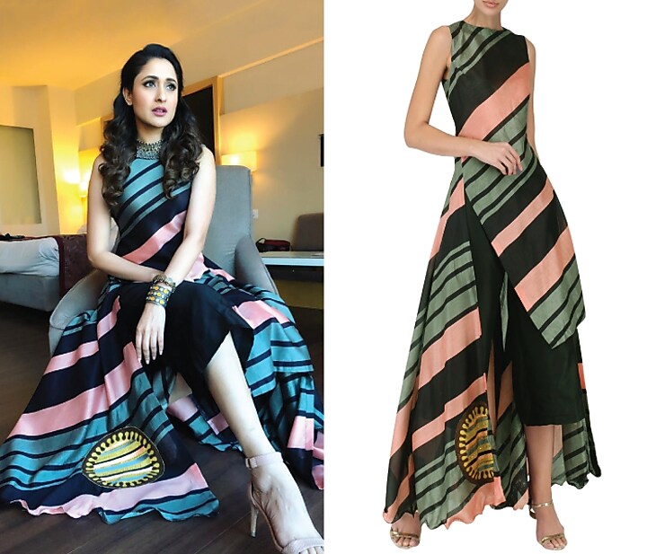 Salmon pink and steel grey printed kurta with culottes available only at Pernia's Pop Up Shop.