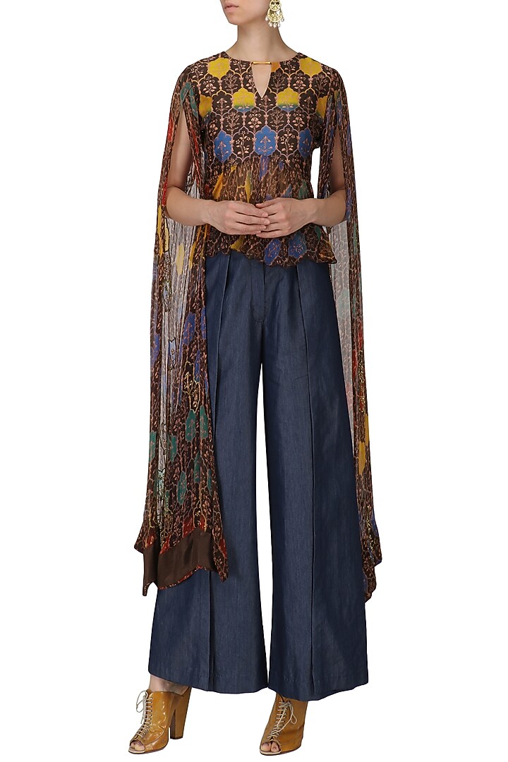 Brown printed top with denim pants available only at Pernia's Pop Up Shop.
