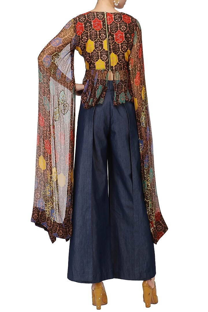 Brown printed top with denim pants available only at Pernia's Pop Up Shop.