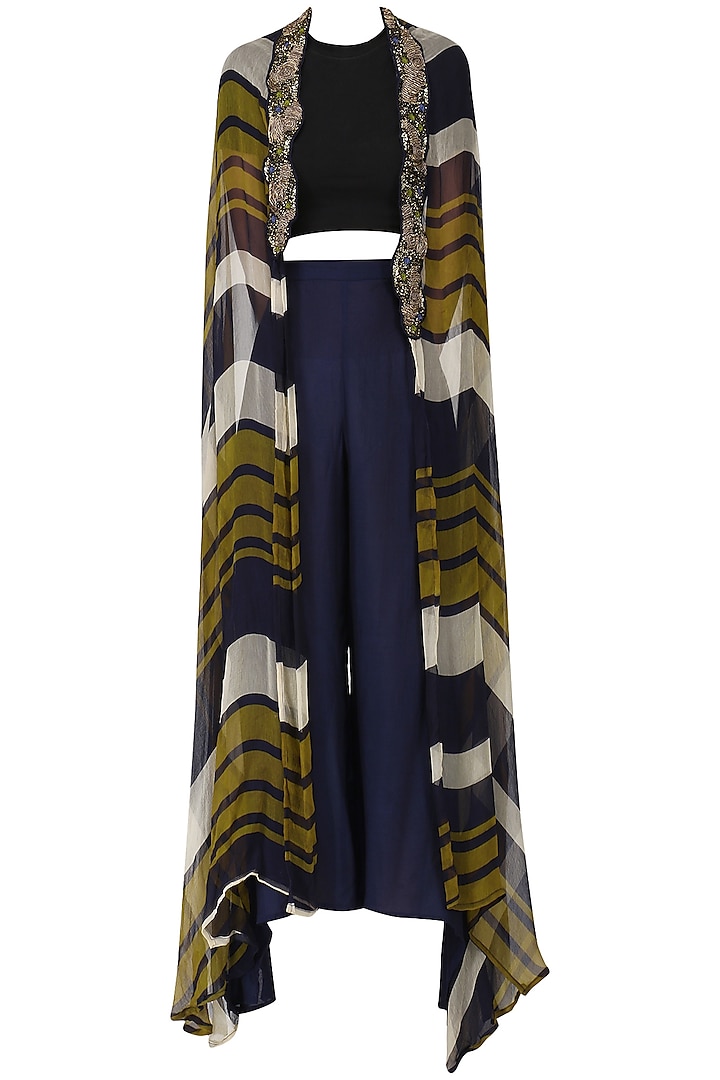 Olive Green and Navy Blue Printed Cape by Pallavi Jaipur