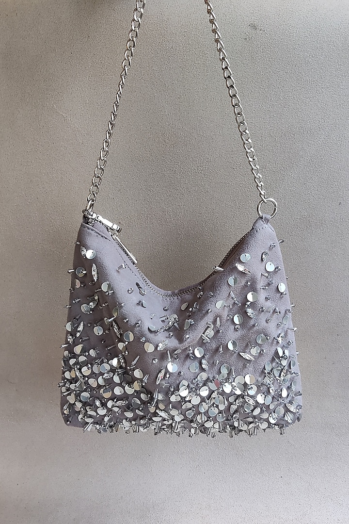 Silver Grey Hand Embroidered Shoulder Bag by PLODE