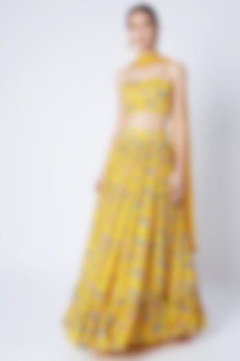 Yellow Printed & Embroidered Lehenga Set by Pleats by Kaksha & Dimple