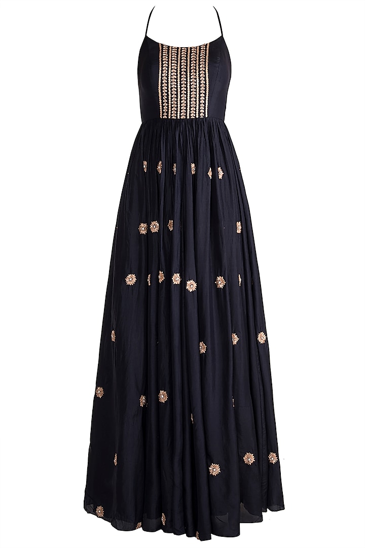 Dark Blue Embroidered Anarkali With Dupatta by Pleats by Kaksha & Dimple