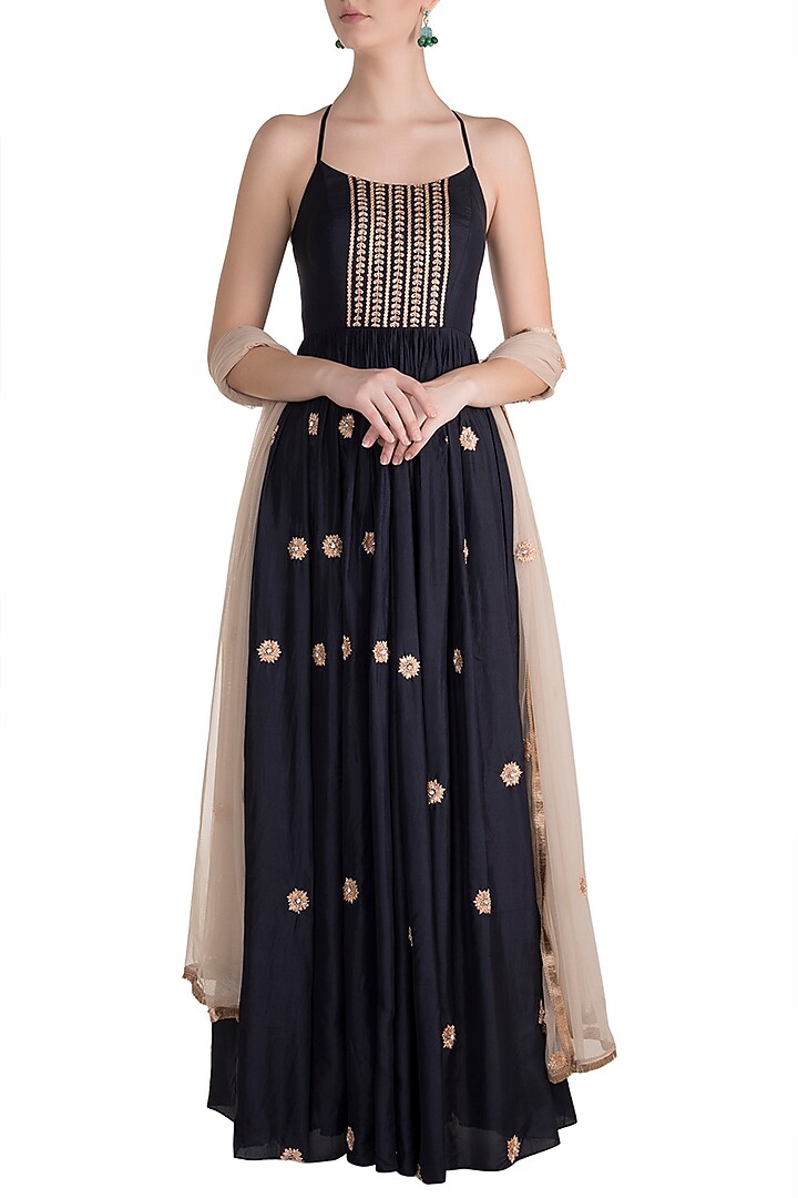 Dark Blue Embroidered Wedding Anarkali With Dupatta by Pleats by Kaksha & Dimple at Pernia's Pop Up Shop