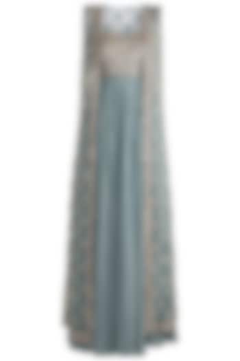 Aqua Blue Embroidered Engagement Gown With Jacket by Pleats by Kaksha & Dimple at Pernia's Pop Up Shop