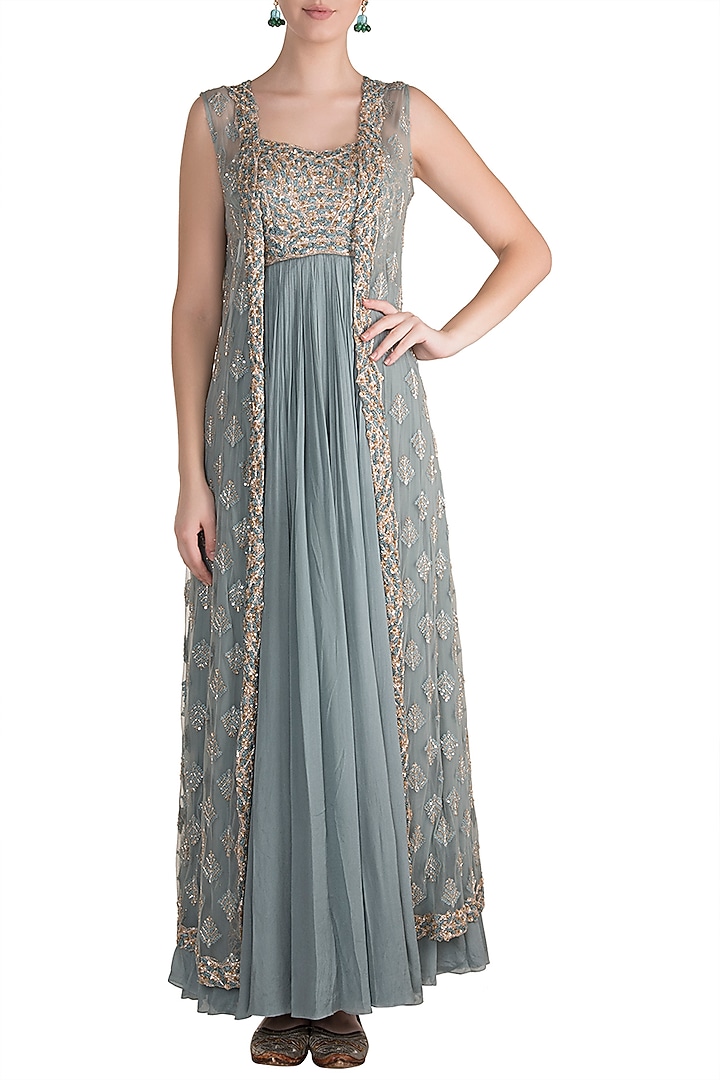 Aqua Blue Embroidered Engagement Gown With Jacket by Pleats by Kaksha & Dimple at Pernia's Pop Up Shop
