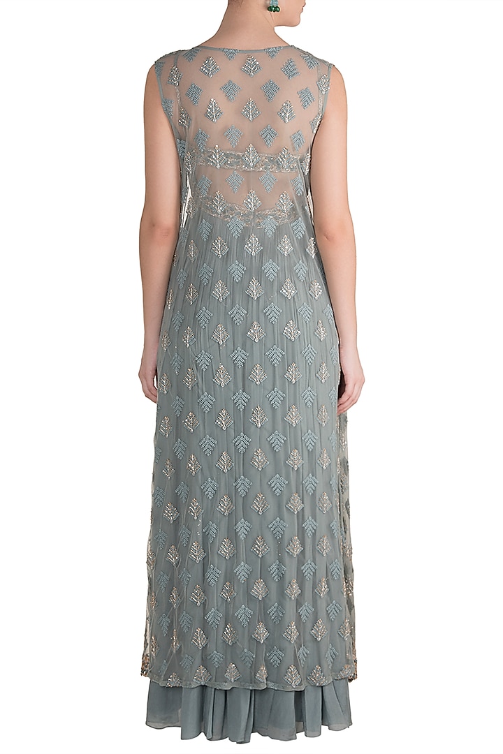 Aqua Blue Embroidered Engagement Gown With Jacket by Pleats by Kaksha & Dimple at Pernia's Pop Up Shop