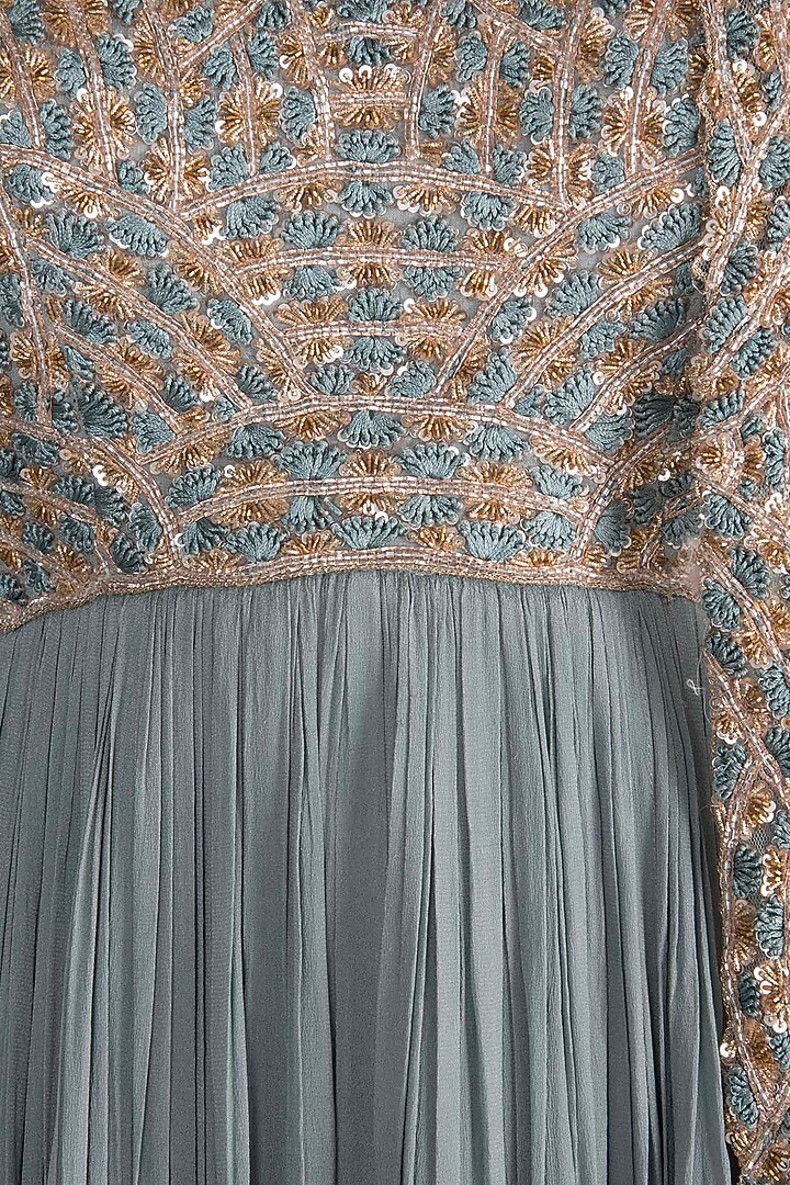 Aqua Blue Embroidered Engagement Gown With Jacket by Pleats by Kaksha & Dimple at Pernia's Pop Up Shop