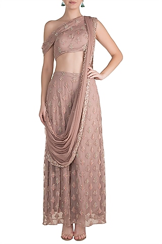 Pink Embroidered Draped Crop Top With Palazzo Pants & Dupatta by Pleats by Kaksha & Dimple