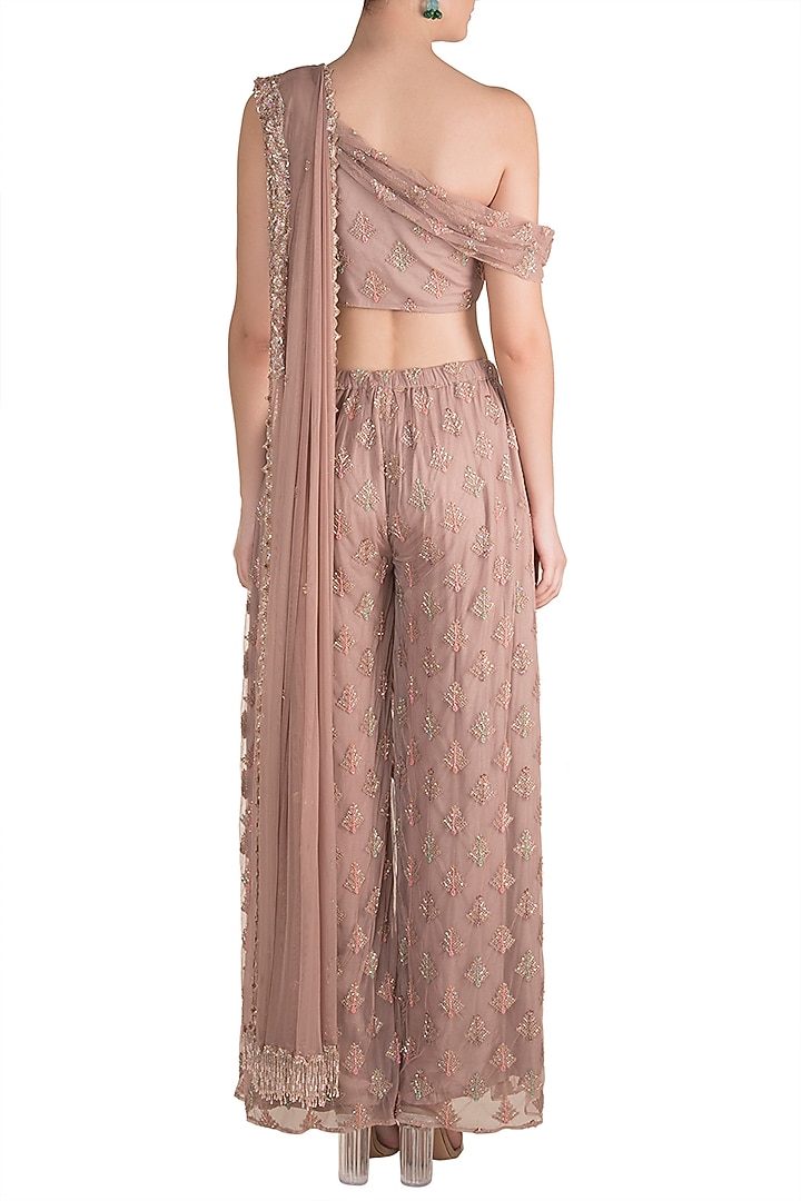Pink Embroidered Draped Crop Top With Palazzo Pants & Dupatta by Pleats by Kaksha & Dimple at Pernia's Pop Up Shop