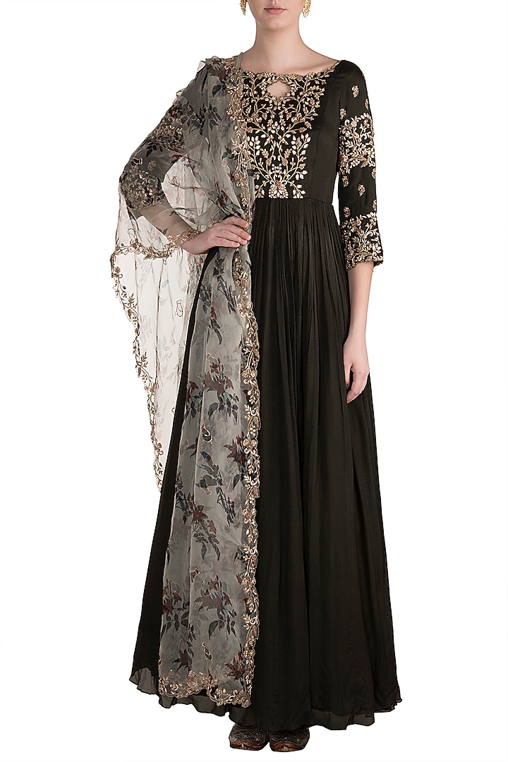 Olive Green Embroidered Wedding Anarkali Set by Pleats by Kaksha & Dimple at Pernia's Pop Up Shop