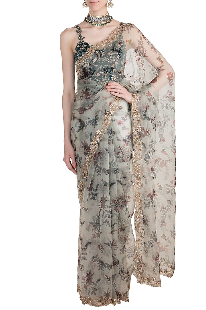 Green Printed Embellished Reception Saree Set by Pleats by Kaksha & Dimple at Pernia's Pop Up Shop