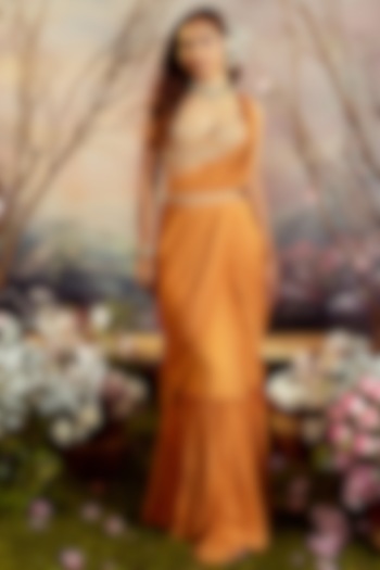 Orange Georgette Pre-Stitched Saree Set by Pleats By Kaksha & Dimple