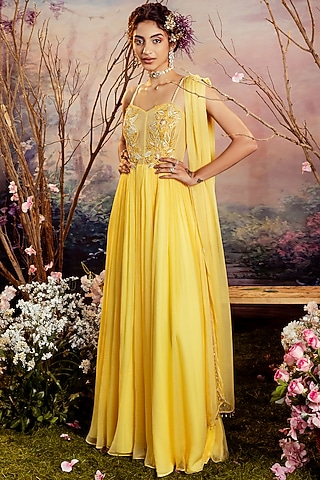 Yellow Organza Corset Anarkali Set by Pleats By Kaksha & Dimple