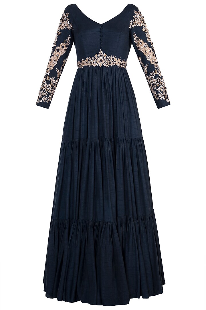 Midnight blue embroidered anarkali set available only at Pernia's Pop Up Shop.