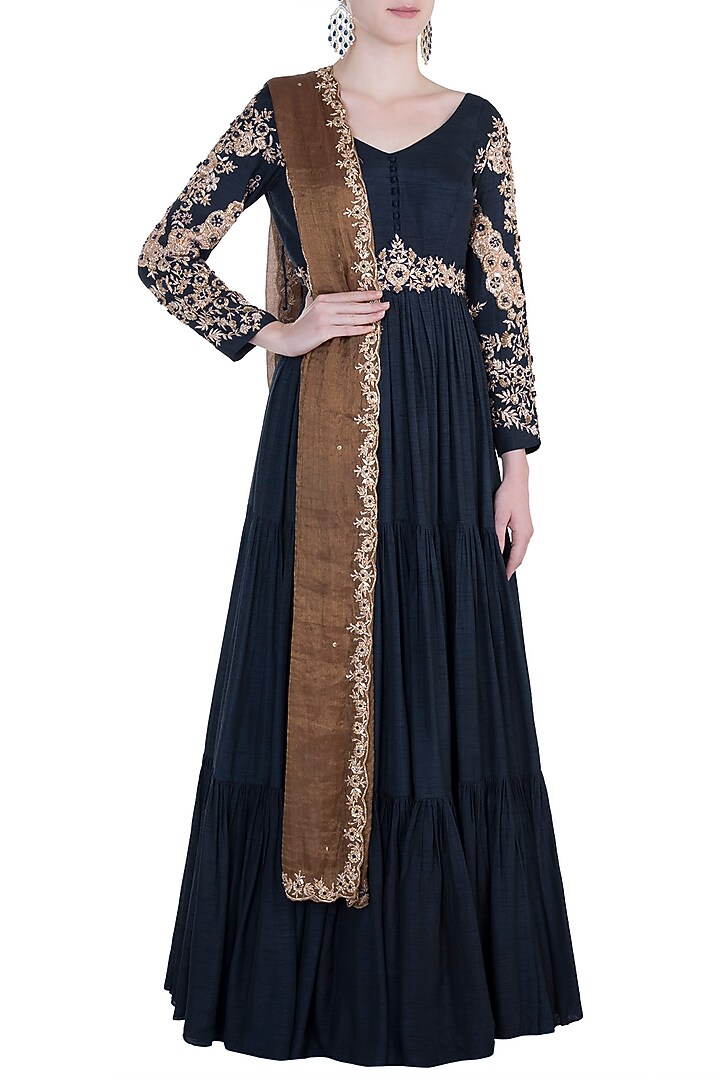 Midnight blue embroidered anarkali set available only at Pernia's Pop Up Shop.