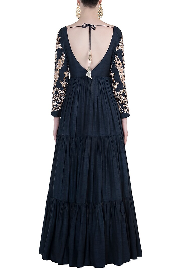 Midnight blue embroidered anarkali set available only at Pernia's Pop Up Shop.