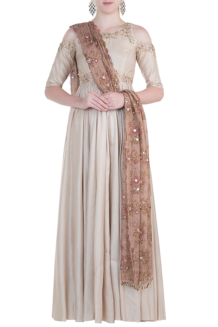 Ivory embroidered anarkali set available only at Pernia's Pop Up Shop.