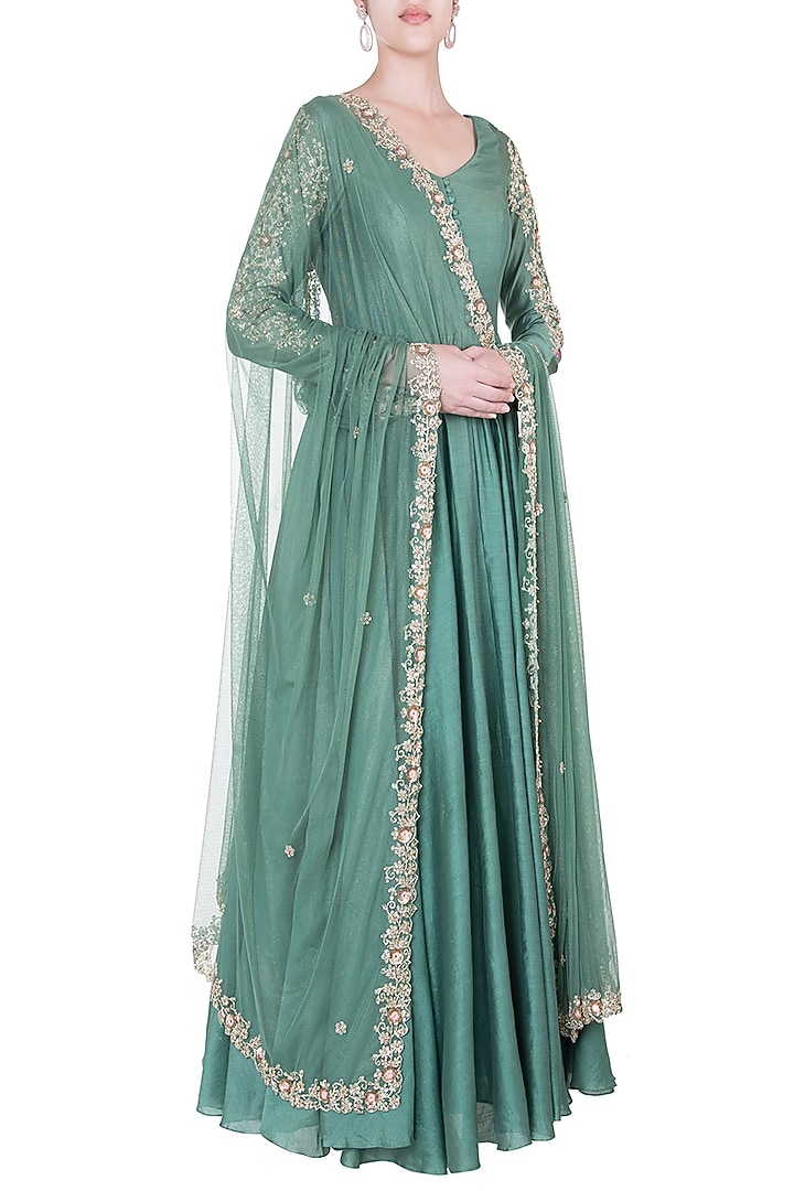 Green embroidered Wedding Anarkali gown with dupatta by Pleats by Kaksha & Dimple at Pernia's Pop Up Shop