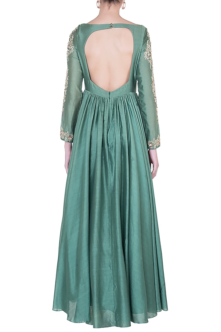 Green embroidered Wedding Anarkali gown with dupatta by Pleats by Kaksha & Dimple at Pernia's Pop Up Shop