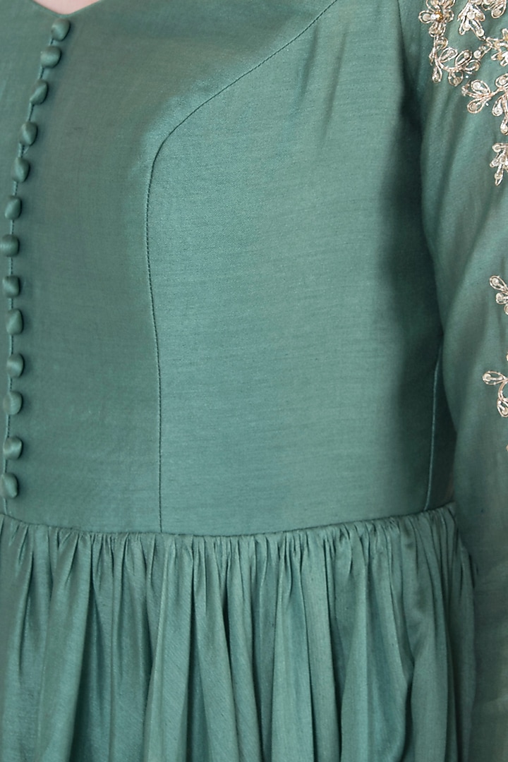 Green embroidered Wedding Anarkali gown with dupatta by Pleats by Kaksha & Dimple at Pernia's Pop Up Shop