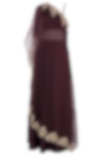 Wine embroidered cape with crop top and skirt by Pleats by Kaksha & Dimple